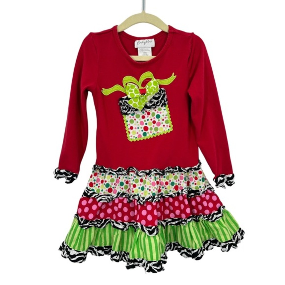 Emily Rose Girls Red Present Christmas Holiday Dress Ruffles Zebra Stripes Polka